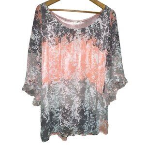 Lady Noiz Floral Ruffle Tunic Top Grey  Boho Bell Sleeve Top Women's Size 1X